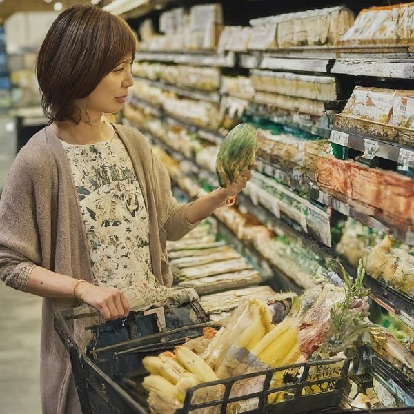 生活必需品をスーパーマーケットで賢く買い物をする一人の日本人女性