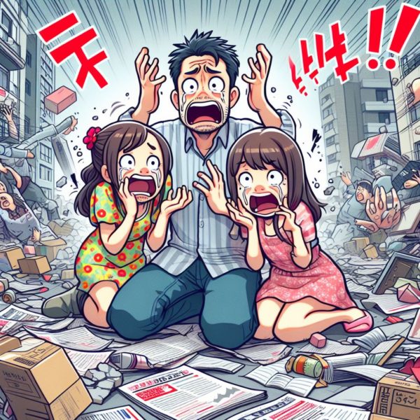 突然の地震でびっくりしている日本人家族
