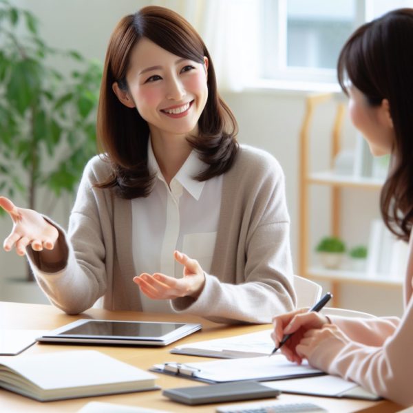 日本人女性がメリットをミーティングで説明している画像