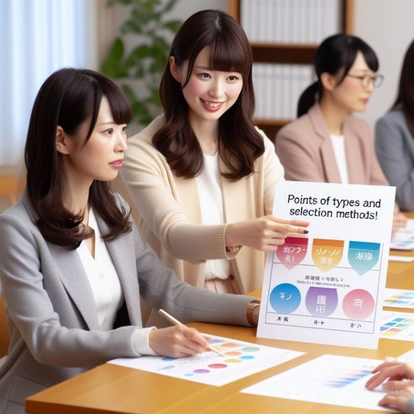 日本人女性が種類と選び方のポイントをミーティングで説明している画像