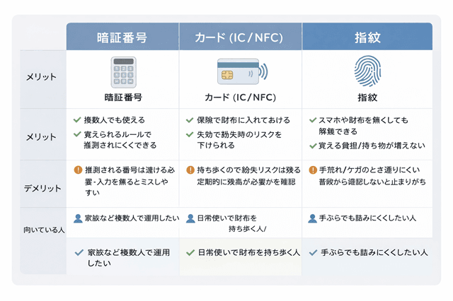 スマホ紛失でも詰まない!スマートロック対策12チェック保存版 9 スマホ紛失時のスマートロック対策の暗証番号/カード/指紋の比較イメージ