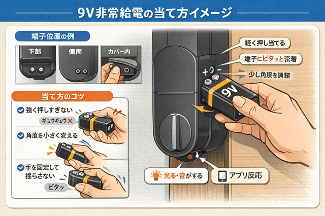 スマートロック電池切れ対処9手順|開かない時の即解錠&予防ガイド 8 スマートロックの電池切れ対処の9V非常給電の当て方イメージ