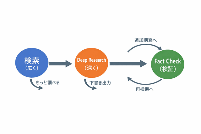 Gensparkの使い方のポイント15選と注意点 1 「検索/Deep Research/Fact Check」の位置関係が分かる図