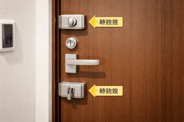 玄関の防犯でドアの補強　補助錠（ワンドアツーロック）の設置例写真