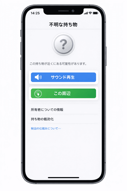 不審なAirTagが見つかった対処8選|iPhone/Android対応 8 「探す」アプリ内の操作例