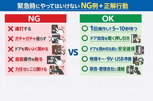 スマートロック電池切れ対処9手順|開かない時の即解錠&予防ガイド 7 スマートロックの電池切れ対処の図解 緊急時にやってはいけないNG例+正解行動