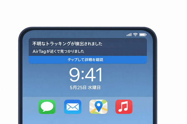 「不明なトラッキング／AirTagが近くで見つかった」系の通知画面イメージ