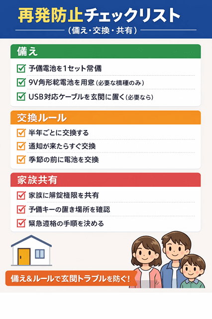 スマートロック電池切れ対処9手順|開かない時の即解錠&予防ガイド 9 スマートロックの電池切れ対処の再発防止チェックリスト(備え・交換・共有)の図解