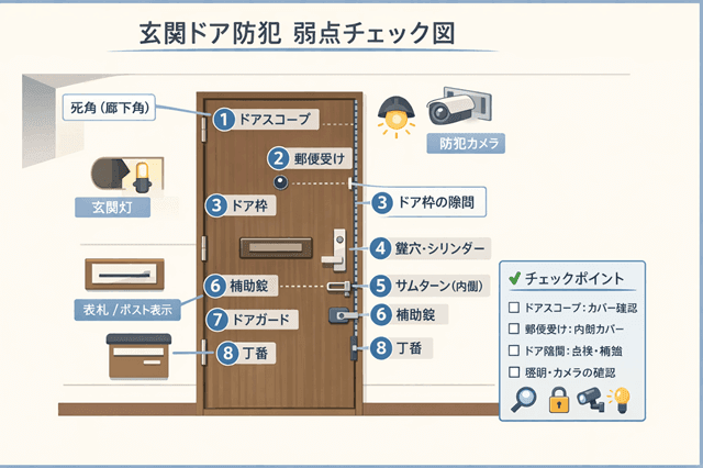 玄関の防犯でドアの補強　玄関ドア防犯の弱点チェック図