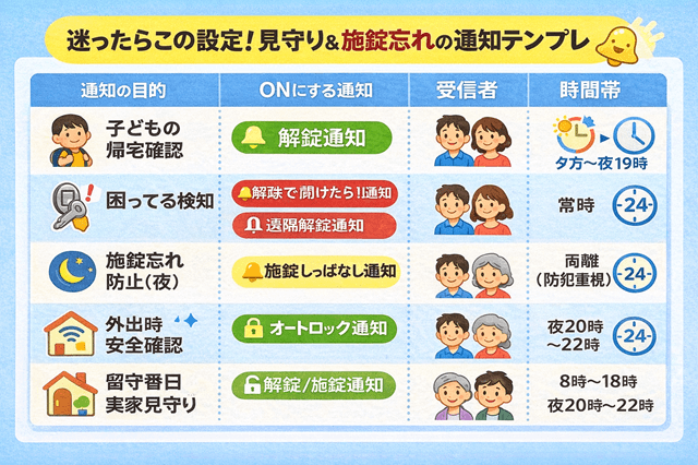 スマートロックの家族共有を失敗しない!設定・権限・通知7項目 2 スマートロックの家族共有の通知設定テンプレ:目的別にON通知と受信者・時間帯を整理