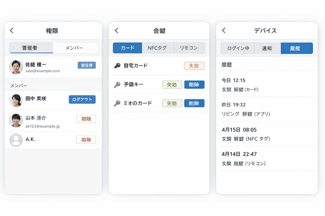 スマホ紛失でも詰まない!スマートロック対策12チェック保存版 8 スマホ紛失時のスマートロック対策のスマートロックの権限/合鍵管理画面イメージ