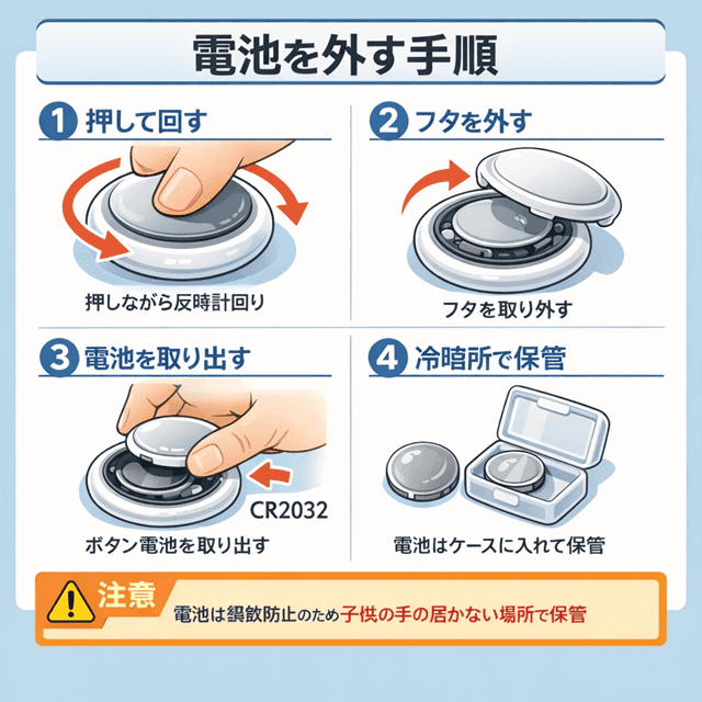 不審なAirTagが見つかった対処8選|iPhone/Android対応 9 AirTagの電池を外す手順