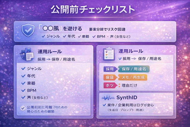 Geminiアプリで音楽生成の使い方7ステップ|Lyria 3で30秒曲 3 AI音楽生成の公開前チェック(商用利用・著作権・SynthID・運用ルール)