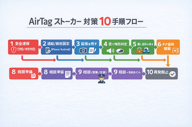 AirTag ストーカー 対策10手順フロー