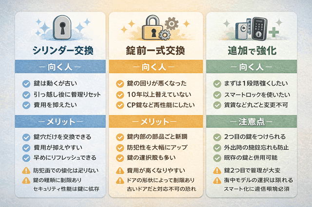 玄関の防犯は鍵交換で決まる!失敗しない「7つの鉄則」 8 鍵交換の種類(シリンダー交換・錠前一式交換・補助錠/スマートロック追加)の比較