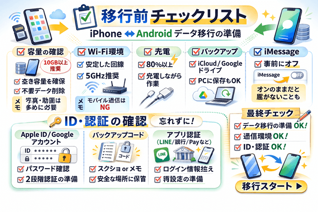 iPhone/Androidデータ移行のやり方8選 1 iPhoneとAndroidのデータ移行前チェックリスト(バックアップ・容量・Wi-Fi・iMessage・二段階認証)