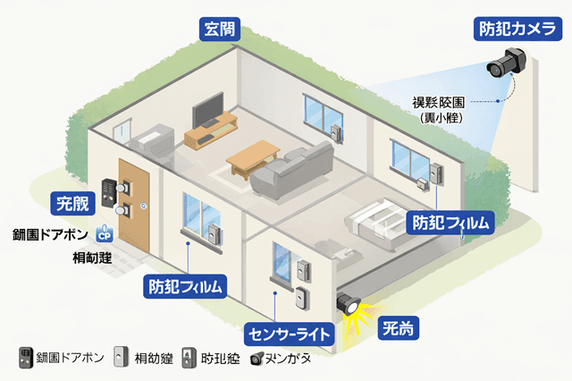 防犯機器の配置例（玄関は録画ドアホンと補助錠、窓は防犯フィルム、屋外は防犯カメラ）