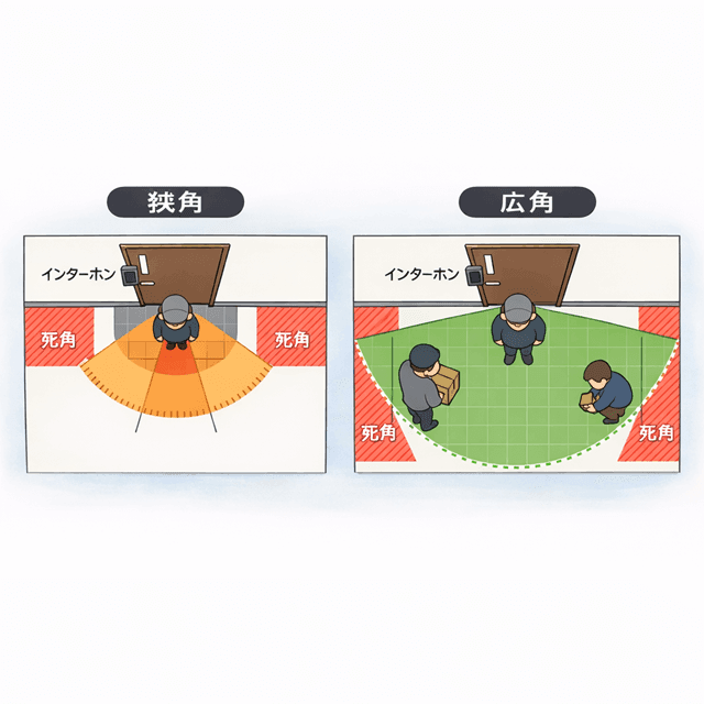 「画角・死角」イメージ（広角が必要な理由が伝わる図）