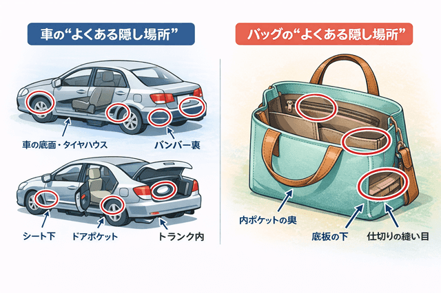 車／バッグの“よくある隠し場所”図解