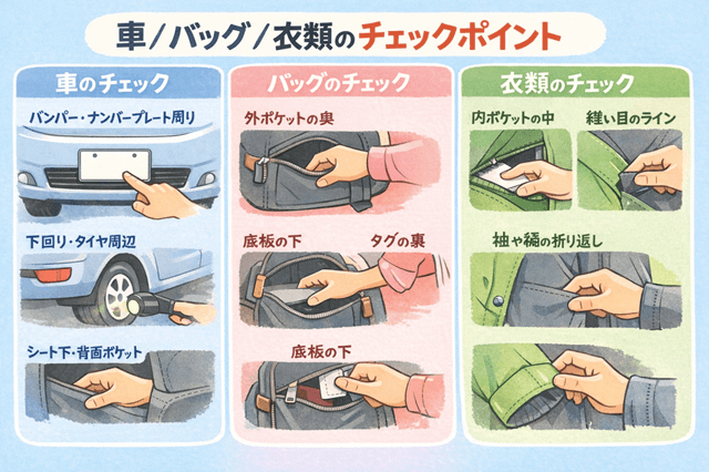 イラスト「車/バッグ/衣類のチェックポイント」
