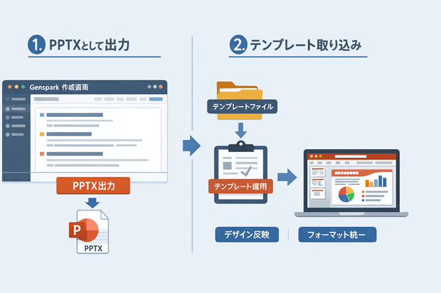 Genspark資料作成のポイント12選|迷わず仕上げる手順と型 3 「PPTX出力またはテンプレ取り込み」イメージ