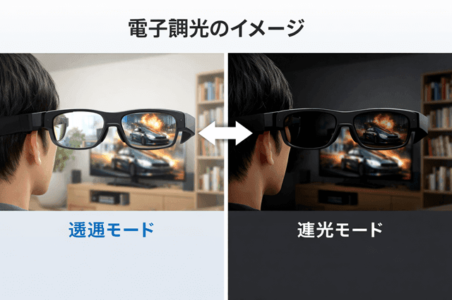 電子調光のイメージ（透過⇄遮光の比較）