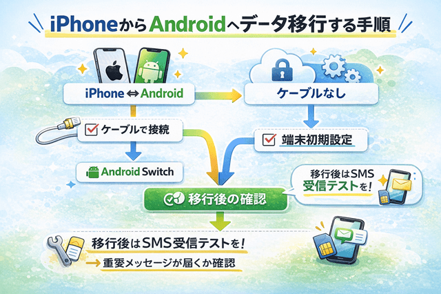 iPhone/Androidデータ移行のやり方8選 2 iPhoneからAndroidへデータ移行する手順フロー(Android Switch・ケーブル有無・移行後チェック)