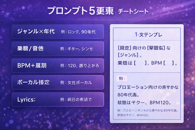 Geminiアプリで音楽生成の使い方7ステップ|Lyria 3で30秒曲 2 Lyria 3のプロンプト5要素(ジャンル年代・楽器・BPM展開・ボーカル・Lyrics)