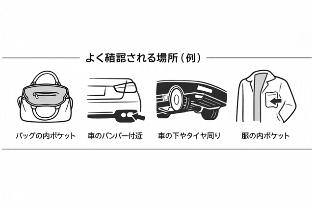 「隠されやすい場所」イメージ（バッグ内側／車の外側・下回りなど※一般化した図）