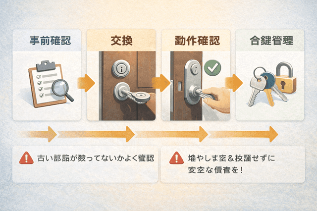 玄関の防犯は鍵交換で決まる!失敗しない「7つの鉄則」 9 「事前確認 → 交換 → 動作確認 → 合鍵管理」の矢印フロー+注意マーク