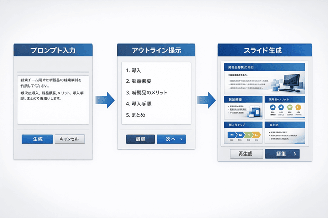 Genspark資料作成のポイント12選|迷わず仕上げる手順と型 1 「プロンプト入力→アウトライン提示→生成」の画面イメージ