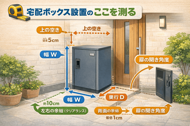 ルスネコボックス選び方11ポイント 2 宅配ボックス設置スペースの測り方|ルスネコボックスの選び方と採寸ポイント