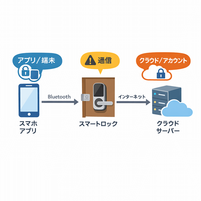 スマホ↔鍵↔クラウドの流れ（リスクの入口が分かる図）