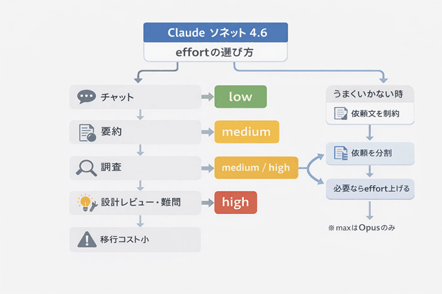 ソネット4.6のeffort設定の選び方（タスク別low/medium/highフロー）