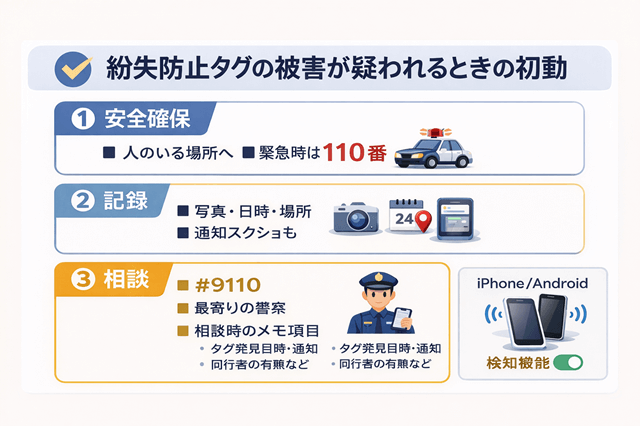 5分で理解!紛失防止タグ違法とストーカー規制法 3 紛失防止タグの被害が疑われるときの初動手順(安全確保・記録・相談と検知機能)