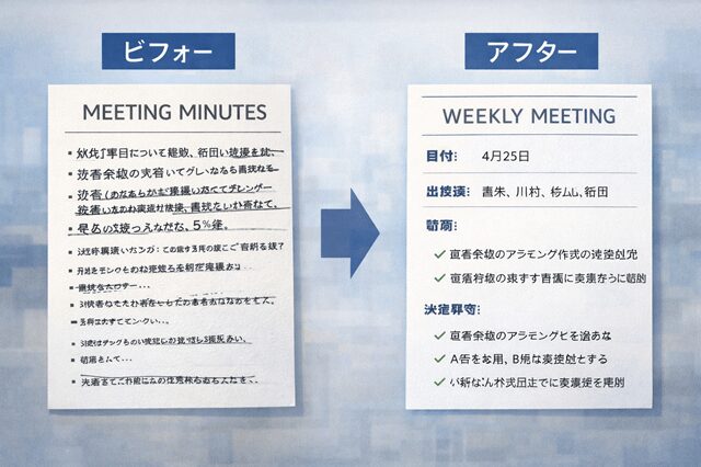 読みにくい議事録と読みやすい議事録を比較した書き方のコツのイメージ