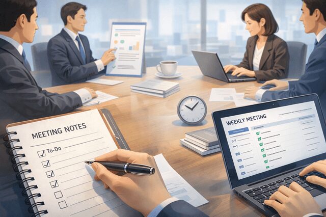 週次定例で議事録を取りながら会議内容を整理するイメージ